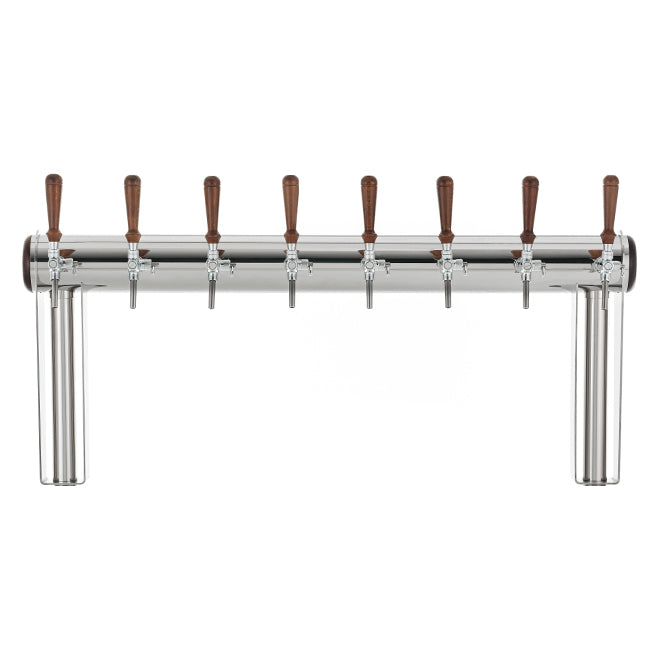Lindr Naked Cold Bridge 10 Tappetårn, et øltappetårn laget av rustfritt stål, er avbildet på en hvit bakgrunn. Den har åtte trehåndtak, hvert koblet til sin egen tappekran. Denne elegante dispenseren er utstyrt med det avanserte Lindr Naked Cold Bridge 10-systemet for effektiv Cold Bridge-kjøling, som sikrer at drikkene dine holder seg perfekt avkjølt.