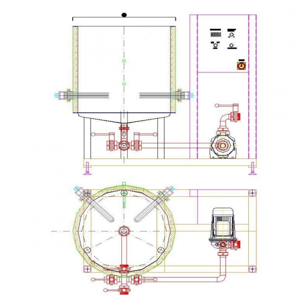 Teknisk skisse av EnoBeer CIP-system med 1-3 tankvogner for bryggerhus, som viser front-/toppbilde med rørføring, kontrollpanel, motor og integrert løsning for effektiv rengjøring av bryggeri.