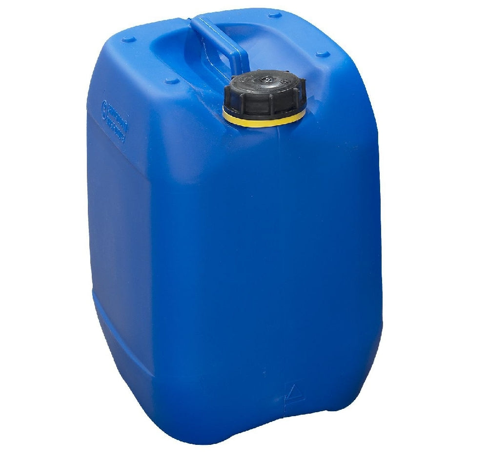 Quantor Propylenglykol 10KG leveres i en blå plastdunk med svart skrukork og innebygd håndtak, ideell for glykolkjøler. Avbildet på hvit bakgrunn.