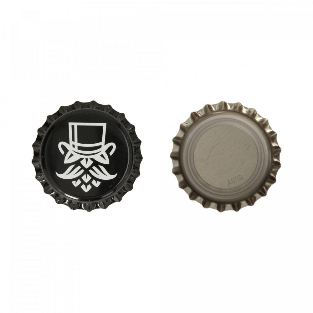 Her vises to Oxycaps 26 mm Hop Head-korker fra Brewferm: en svart med en hvit mann med bartehode og flosshatt, og en i ren metallic. Disse oksygenabsorberende korkene gir stil og metallemballasje for optimal beskyttelse. Pakke med 100 stk.