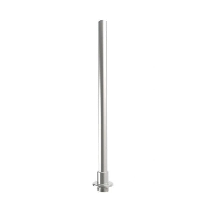 Grainfather Bottom Overflow Pipe, laget av rustfritt stål, er en vertikal metallstang med gjenget bunn og flat flens i bunnen, vist mot en vanlig hvit bakgrunn.