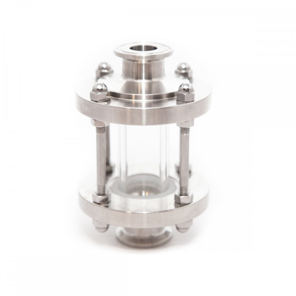 Brewshop 34 mm tri-clamp siktglass - 12 cm har en konstruksjon i rustfritt stål og glass, flensede ender og gjengede bolter - perfekt for industrielle rør eller spesialoppsett som trenger en 34 mm TC-tilkobling.