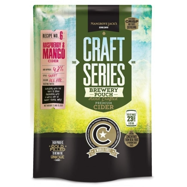 2,4 kg Mangrove Jacks Craft Series Raspberry & Mango Cider ekstraktsett - nyt en livlig cider med smak av bringebær og mango, laget med Mangrove Jacks' velkjente kvalitet.