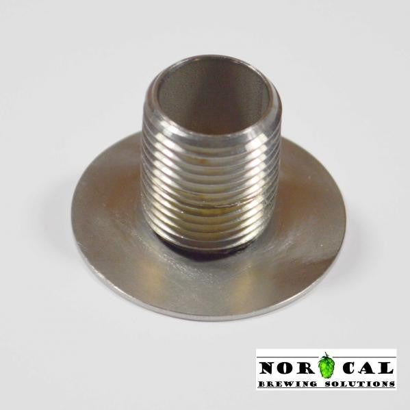Norcal Speidel Fermenter 1/2" NPT Adapter, laget av rustfritt stål med flensbunn, er vist på en hvit bakgrunn. Logoen til NorCal Brewing Solutions vises nederst i høyre hjørne.