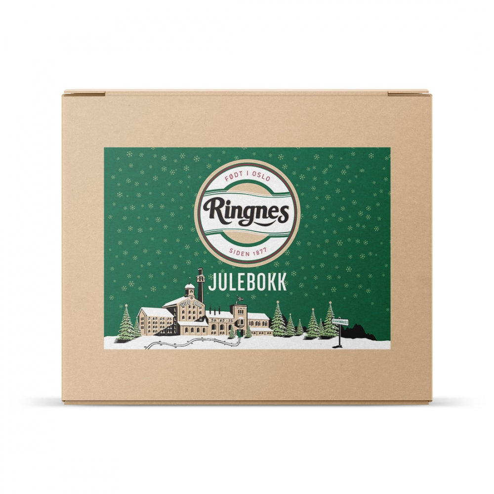 Brewshop Ringnes Julebokk allgrain juleøl ølsett er en boks med et landsbymotiv, og er en koselig sesongbrygging for fans av dobbelbock og klassisk norsk høytidsøl.