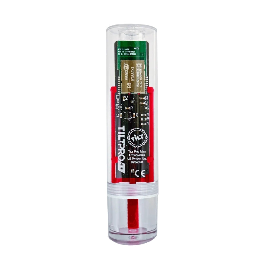 The Tilt Pro Mini Hydrometer & Termometer for hjemmebrygging features a green circuit board with black, red, and white components inside a clear plastic tube.