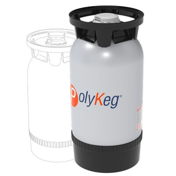 PolyKeg PRO 20L engangsfat uten bag - K Valve er et plastfat med svart topp og bunn, med PolyKeg-logoen og en strektegning av fatet i bakgrunnen. Merkevare: PolyKeg. Egnet for bruk som engangsfat av PET.