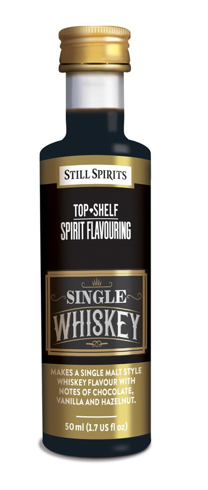 En 50 ml flaske Still Spirits SS Top Shelf Single Whiskey-essenser, som gir en rik whiskysmak med sjokolade-, vanilje- og hasselnøttnoter.