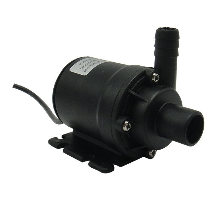 Project Brew Nedsenkbar Pumpe 12V, 800 L/T - 1/2" slangenippel har en kompakt svart sylindrisk kropp, doble slangekoblinger, en monteringsbase og strømkabel - perfekt for temperaturkontroll eller glykolkjøler-systemer.