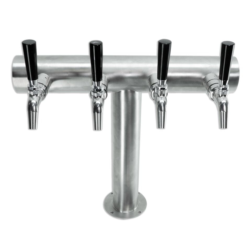 UltraT FasTap Tappetårn sett med 4 kraner fra Keg King: rustfritt stål tårn for kegerator, med fire sorte håndtak samlet på én søyle.
