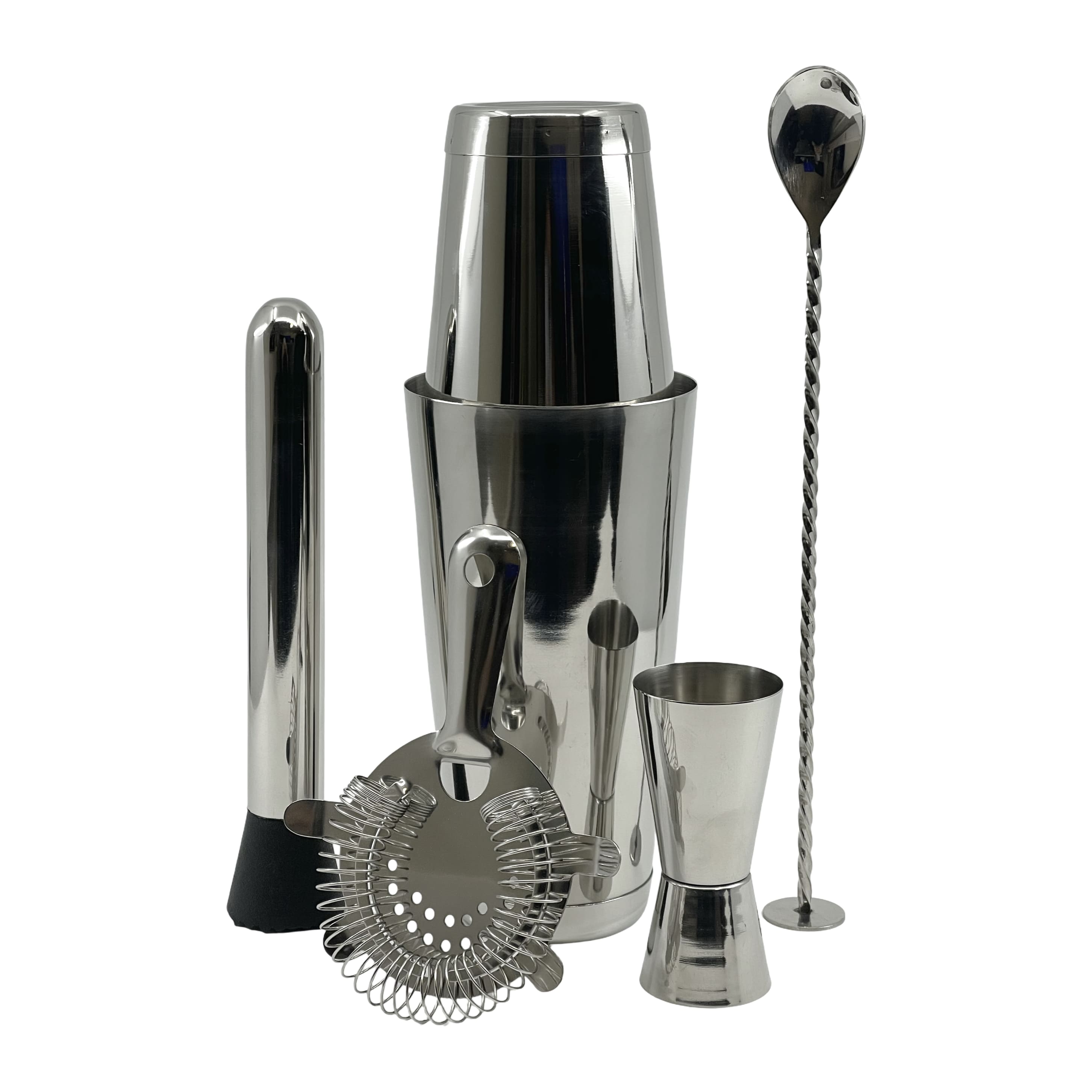 Bartender Tool Kit Stål fra Hendi inneholder shaker, jigger, muddler, sil og røreskje i rustfritt stål - perfekt barutstyr for enhver mixolog. Står oppreist mot en enkel hvit bakgrunn. Varemerke: Hendi.