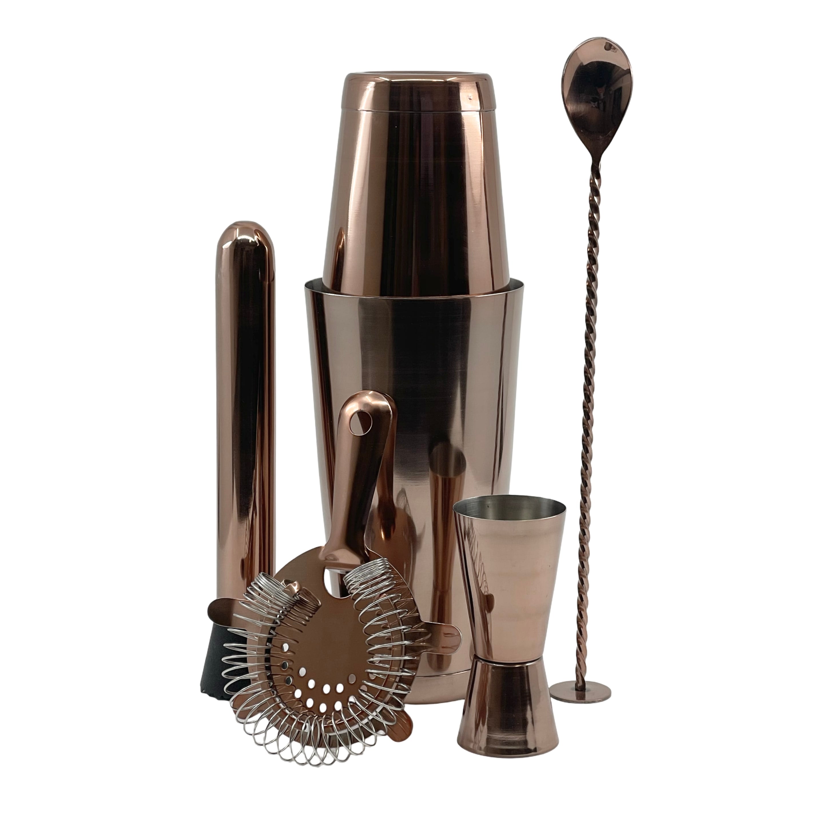 Bartender Tool Kit Kobber fra Hendi består av kobberfargede barverktøy i rustfritt stål - shaker, sil, jigger, muddler og vridd barskje - elegant plassert på høykant.