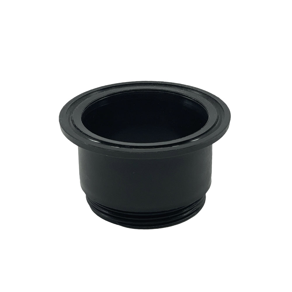 Reserve 2" Tri-Clamp overgang til Apollo Unitank fra Keg King er en gjenget innsats i svart plast med en bred flens, kompatibel med 2" tri-clamp-beslag, og vises på en hvit bakgrunn.
