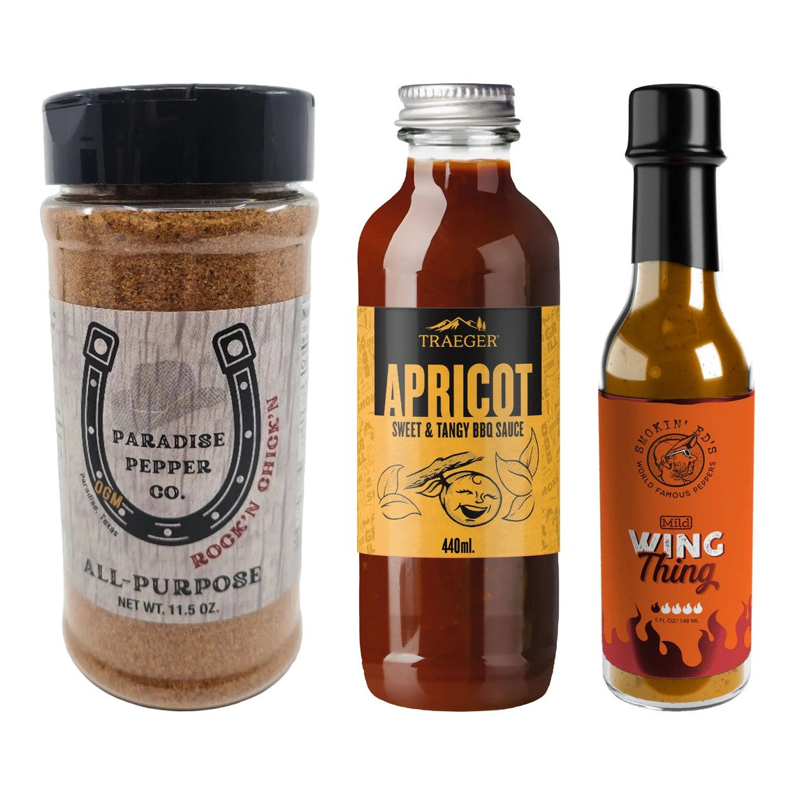 BBQ-paket Kyckling – Paradise Pepper Co Rock'n Chicken, Traeger Apricot BBQ Sauce och Smokin´ Ed´s Wing Thing Sauce Mild