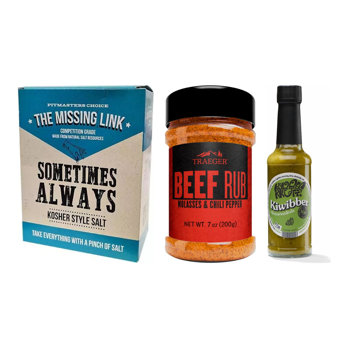 BBQ-paket Steak – The Missing Link Sometimes Always Kosher Style Salt, Traeger Beef Rub och Kiwibber salsa verde från Kyrres Krutt