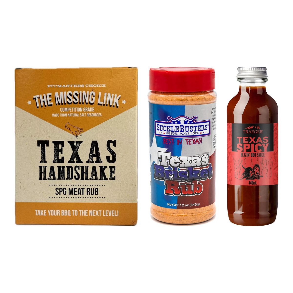 BBQ-paket Texas Brisket – The Missing Link Texas Handshake SPG Rub, Sucklebusters Texas Brisket Rub och Traeger Texas Spicy BBQ Sauce