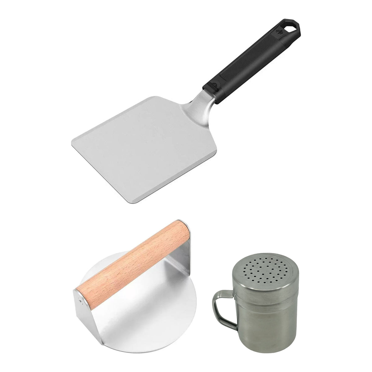 BBQ Equipment Bundle Burger – Smash Burger Press in stainless steel, Napoleon Plancha burger spatula and BBQ Rub Shaker