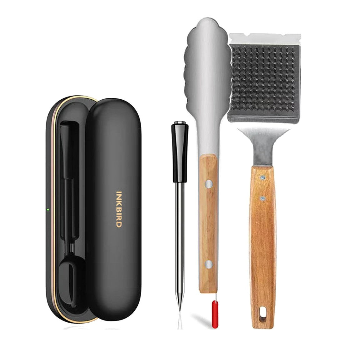 BBQ Equipment Bundle Beef – Inkbird INT-11P-B meat thermometer, stainless steel grill tongs with wooden handle and grill brush with scraper