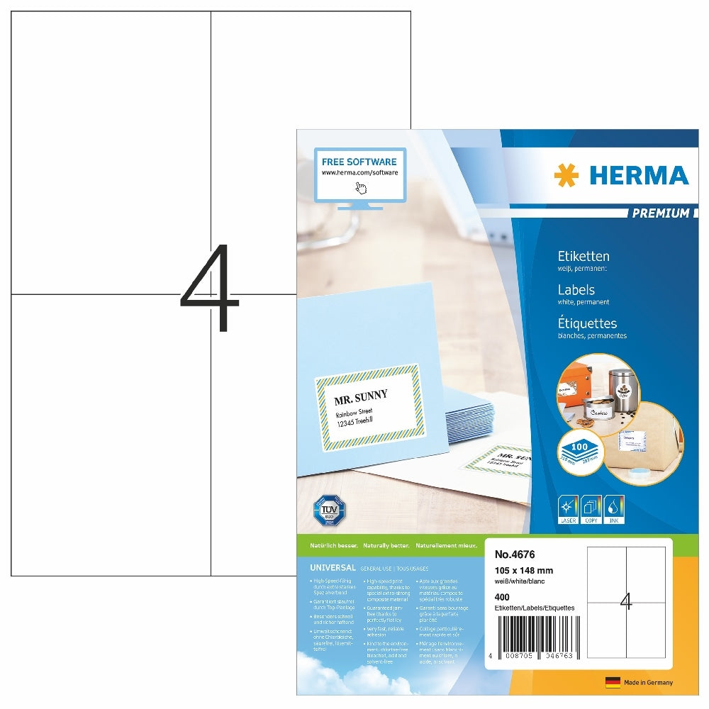 Pakke med Herma Premium etiketter 105 x 148 mm fra Herma, inneholder 400 etiketter. Eksempel på etikett og kampanjekort er på forsiden; mal med fire etiketter vises til venstre - perfekt for selvklebende etiketter og flasker merking.