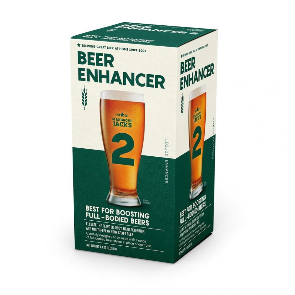 En grønn eske merket Mangrove Jack's Beer Enhancer 2 (1,4 kg) for mørkere ekstraktsett, med bilde av et ølglass - ideell for ølbrygging og forsterkning av fyldige eller mørke ølstiler.