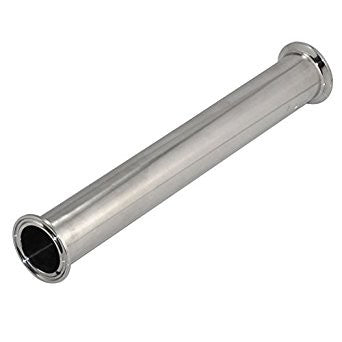 Et 1,5" Tri-Clamp forlengelsesrør, 12" langt og laget av 38 mm 304 rustfritt stål (rustfritt stål) fra Brewshop, med flensede ender, fotografert på hvit bakgrunn.