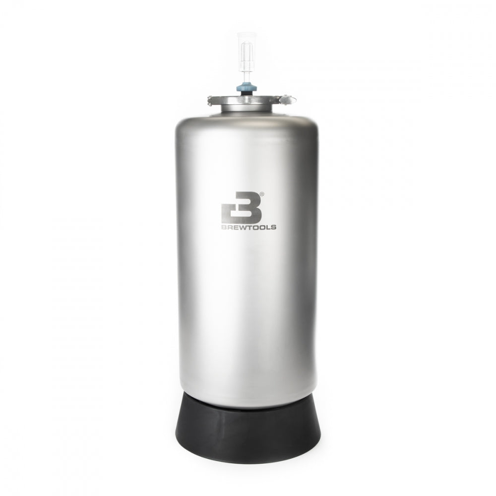 Brewtools MiniUni 30 - Tank med standard tilbehør er en gjæringstank i rustfritt stål med svart bunn og luftsluse, perfekt for øllagring eller trykkgjæring, vist mot en vanlig hvit bakgrunn.