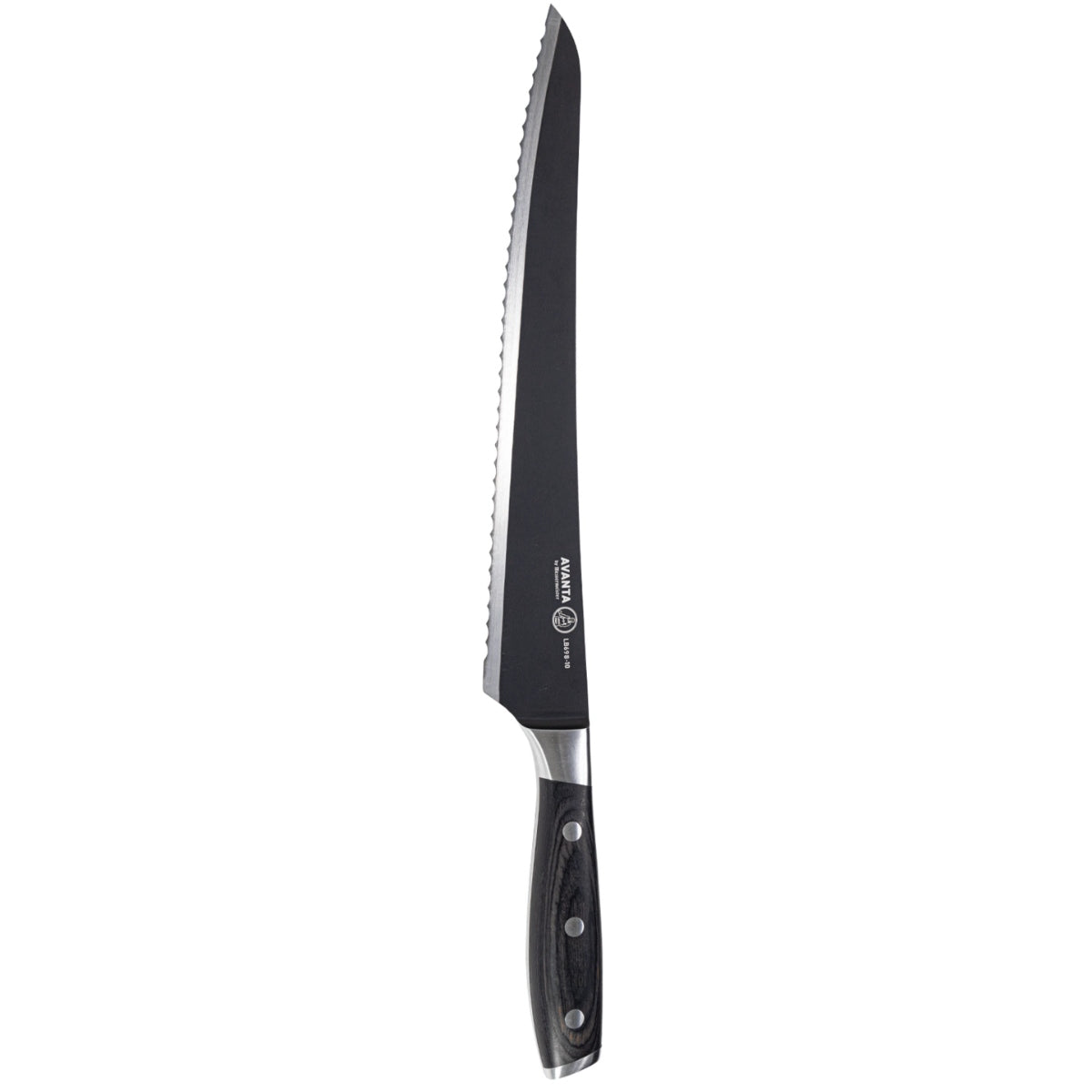 Bennie Kendrick Brisketkniv fra Messermeister har et takket blad laget av tysk X50 rustfritt stål, et svart håndtak med tre nagler, og vises mot en hvit bakgrunn.
