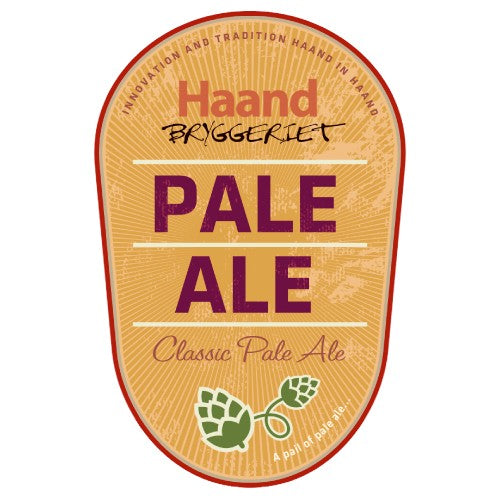 Etikett til Brewshops Haandbryggeriet Pale Ale - allgrain ølsett, med humleillustrasjoner på gul-oransje bakgrunn og røde aksenter - perfekt inspirasjon til hjemmebrygging.