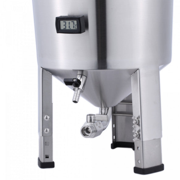Conical bottom of the Brew Monk fermenter with dump valve, tap and adjustable legs
