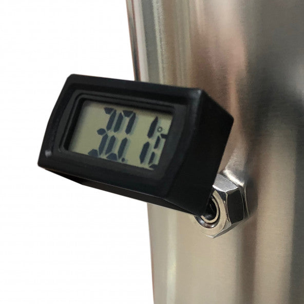 Digital thermometer mounted on the Brew Monk fermenter