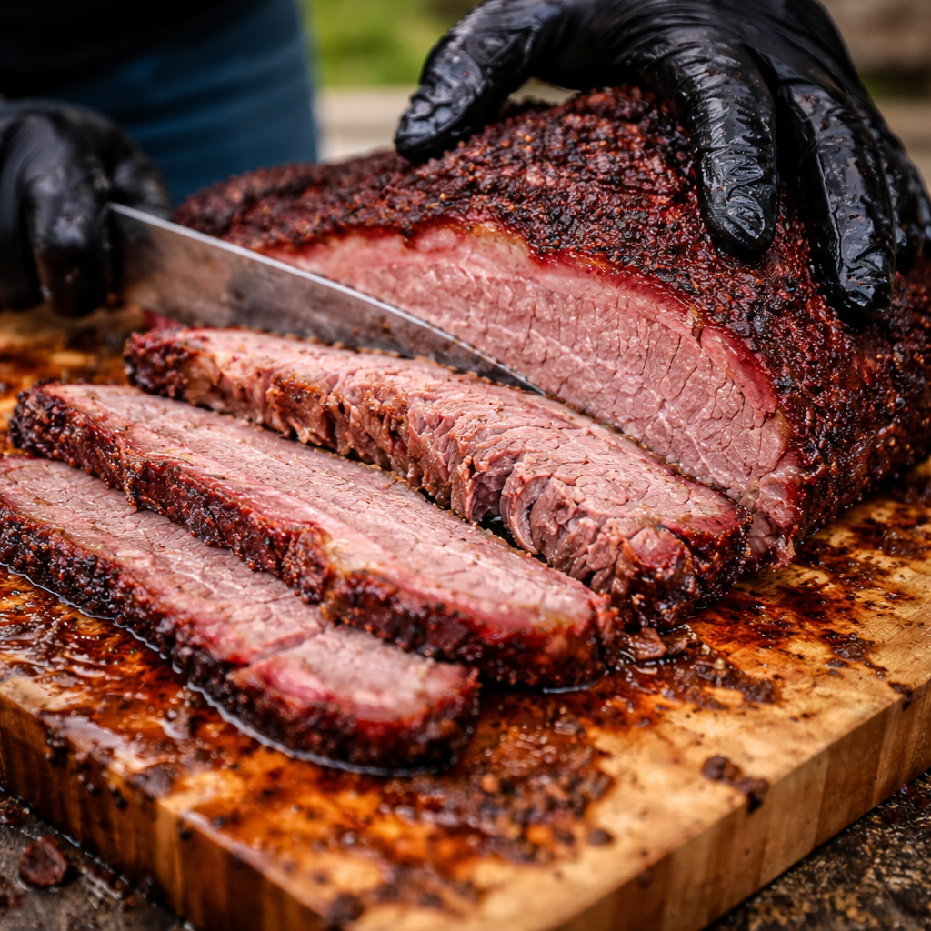Iført svarte hansker skjærer noen Storfe Brisket Økologisk Røroskjøtt (350 kr/kg) i skiver på et skjærebrett av tre, slik at flere tykke, saftige biter kommer til syne.