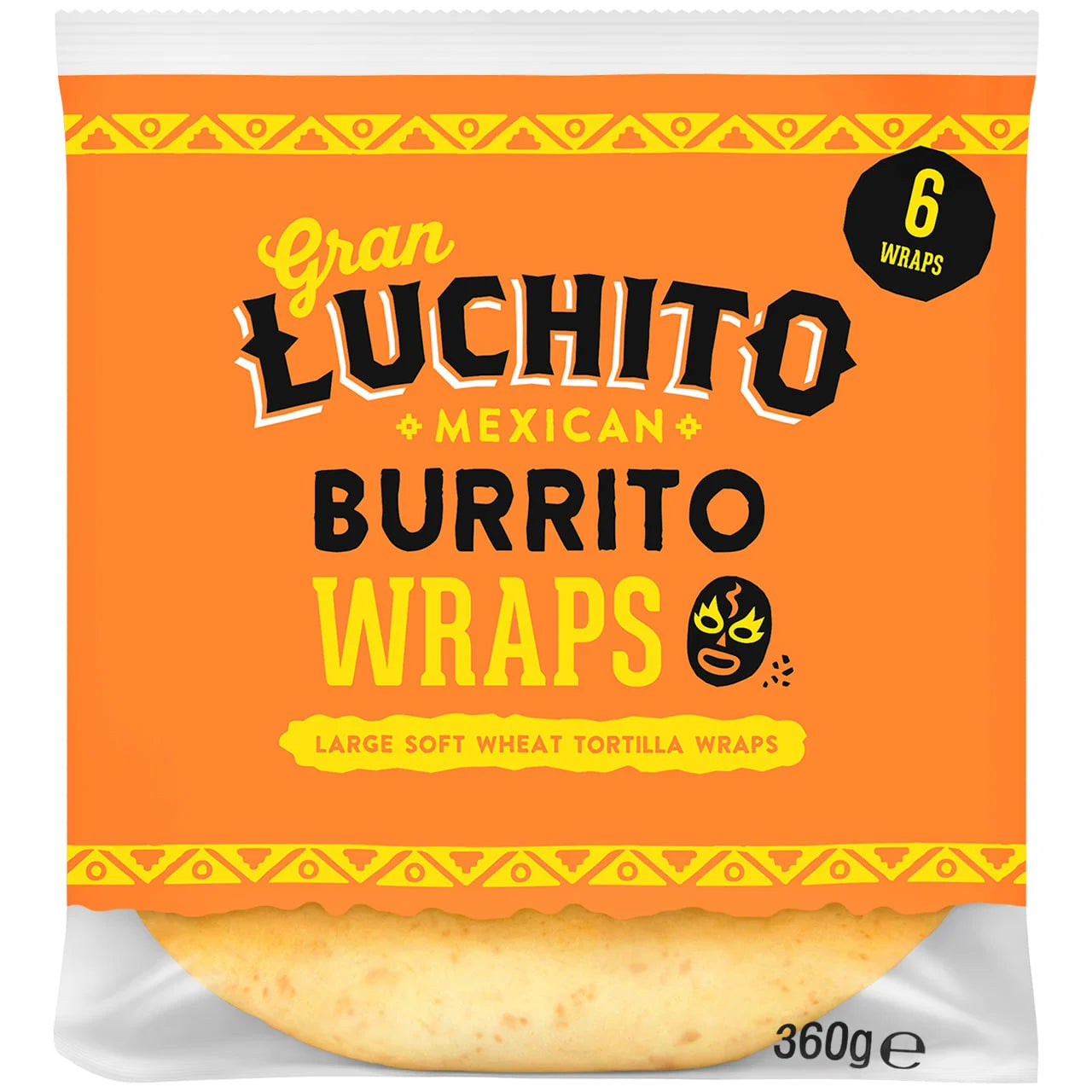 Gran Luchito Burrito Wraps 360 g kommer i en oransje emballasje med tydelig tekst og inneholder 6 store tortillas av myk hvete som er perfekte til å lage deilige burritoer.