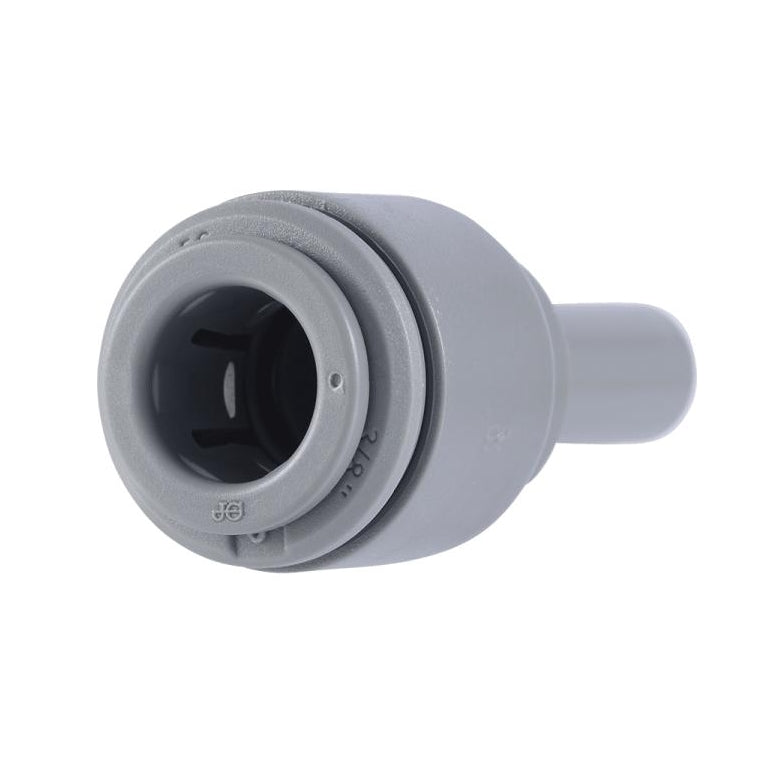 John Guest 5/16" - 3/8" Enlarger push-fit-kobling i plast fra John Guest, med sylindrisk kropp og rund åpning, vist på hvit bakgrunn. Egnet for bruk med næringsmiddelgodkjente slanger i hygieniske applikasjoner.