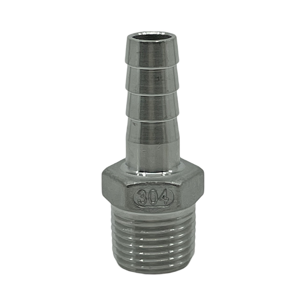 Brewshop Slangenippel 1/2" BSP x 1/2" er en rustfritt stål slangenippel med utvendig gjenget ende og riflet mothake for sikker slangeinnfesting.