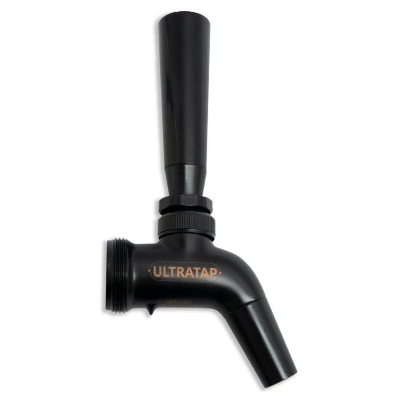 Keg King Ultratap Black - tappekran med håndtak er en forseglende tappekran for fatøl med sylindrisk håndtak, designet for jevn, laminær tapping, vist mot en hvit bakgrunn.