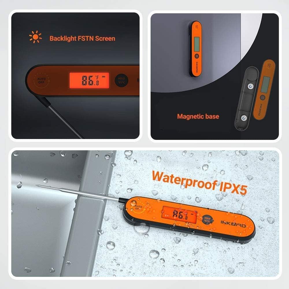 Inkbird Digitalt Termometer IHT-1P fra Inkbird har oransje bakgrunnsbelyst FSTN-skjerm, magnetisk base og IPX5 vanntetthetsgrad - flott presentert i ulike kjøkkenmiljøer.