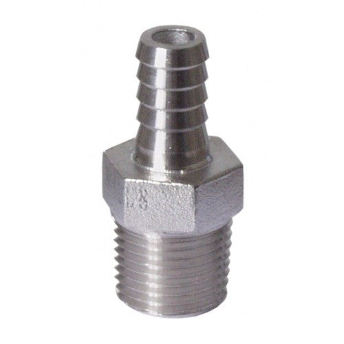 Brewshop Slangenippel 1/2" BSP x 3/8" er en rustfri stålkobling med sekskantet base, ideell for sammenkobling av fleksible slanger til gjengede rør.