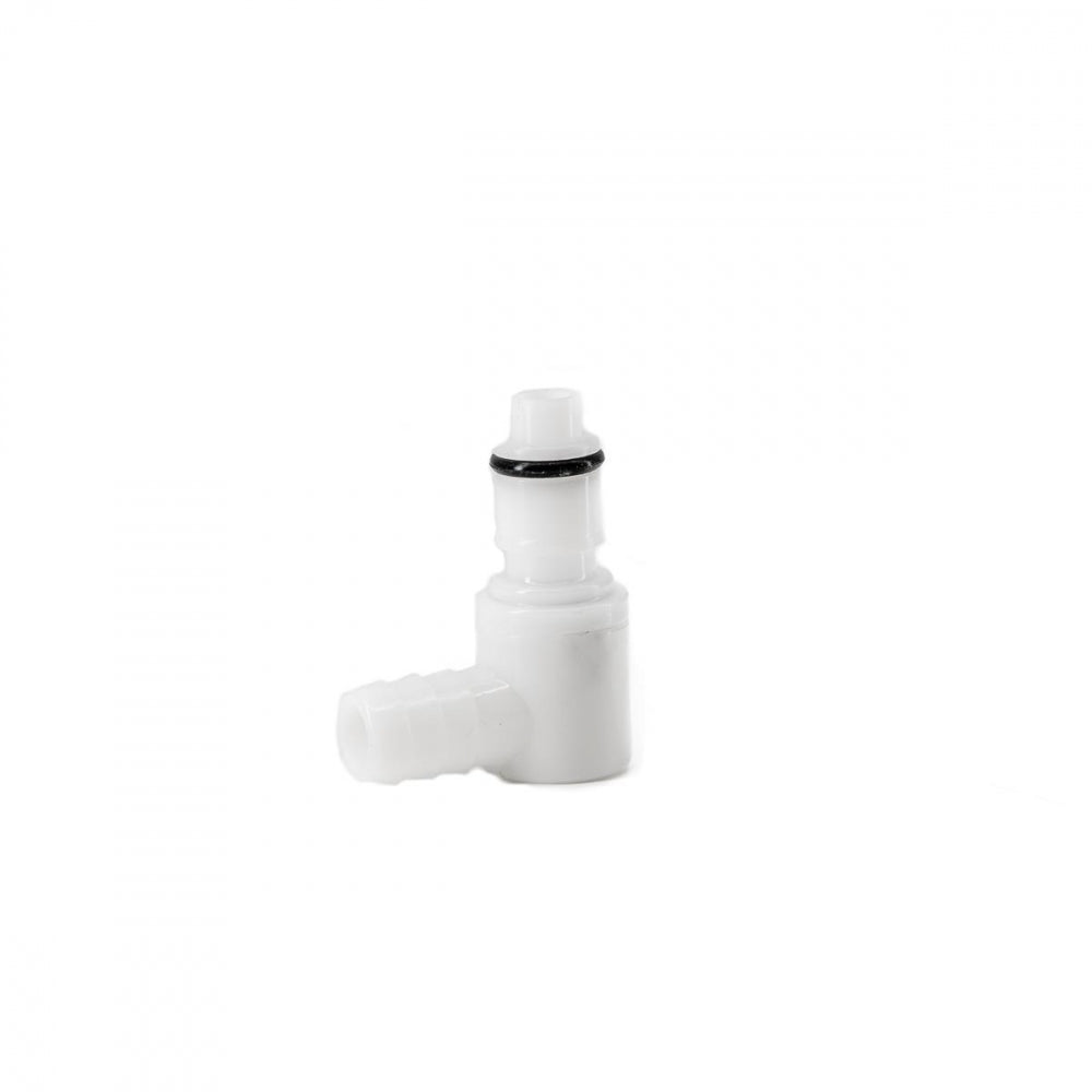 A white plastic Brewtools Lekkasjefri Hurtigkobling, Hann-albue til 10mm nippel – Shut-off coupling, with a black O-ring and L-shape, is shown on a plain white background. Ideal for creating leak-free Brewtools setups.