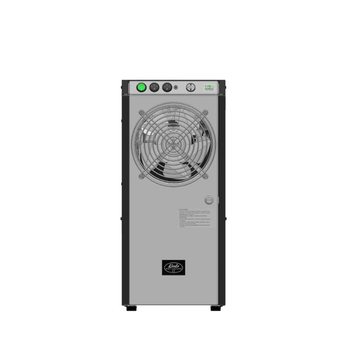 Lindr DryWet 70/K H4 Green Line kjøleenhet for to tappelinjer sett forfra, som viser den grå designen med en stor sirkulær vifte, kontrollknapper, indikatorlamper og en bunnetikett - perfekt som en robust mobil kjøleenhet fra Lindr.