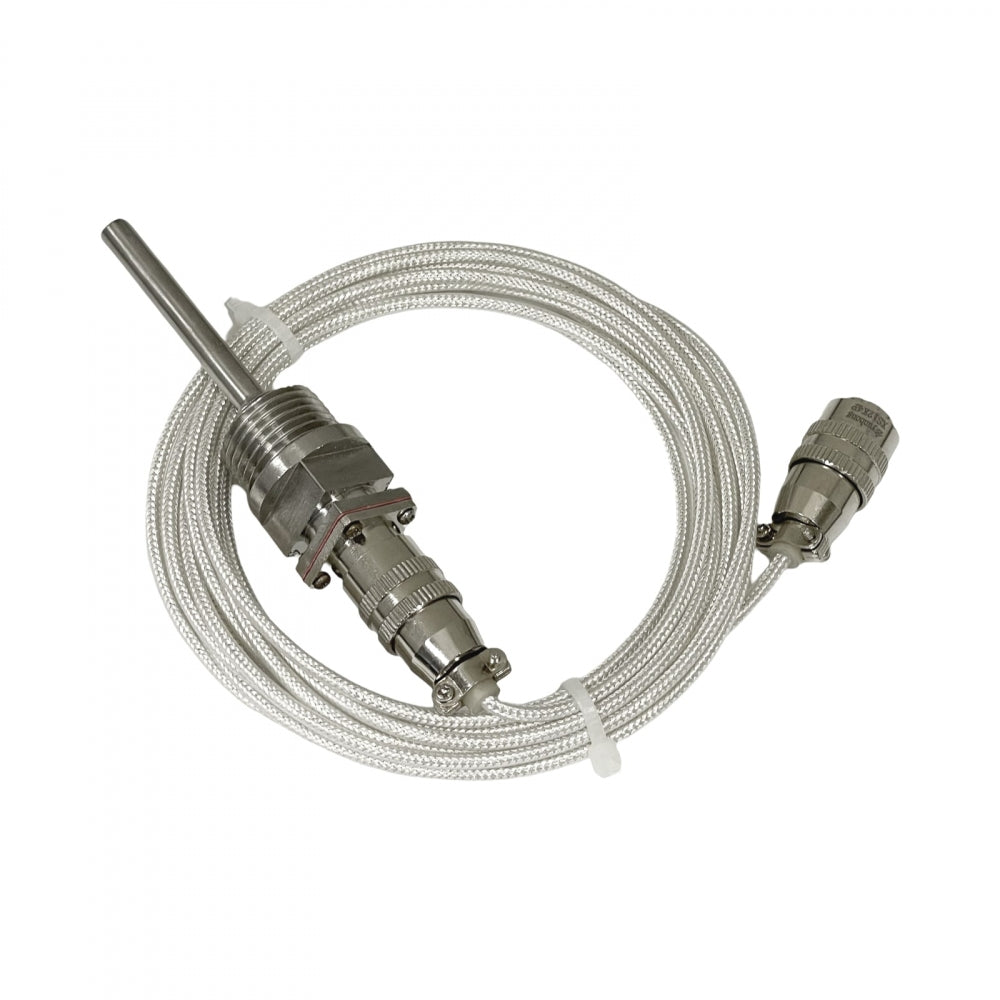 Einbrew PT100 temperatursensor 50 mm har en sonde i rustfritt stål, flettet metallkabel, to sylindriske kontakter og et kabelbånd - ideell for bruk med Einbrew-regulatorer og kompatibel med PT100-standarder.