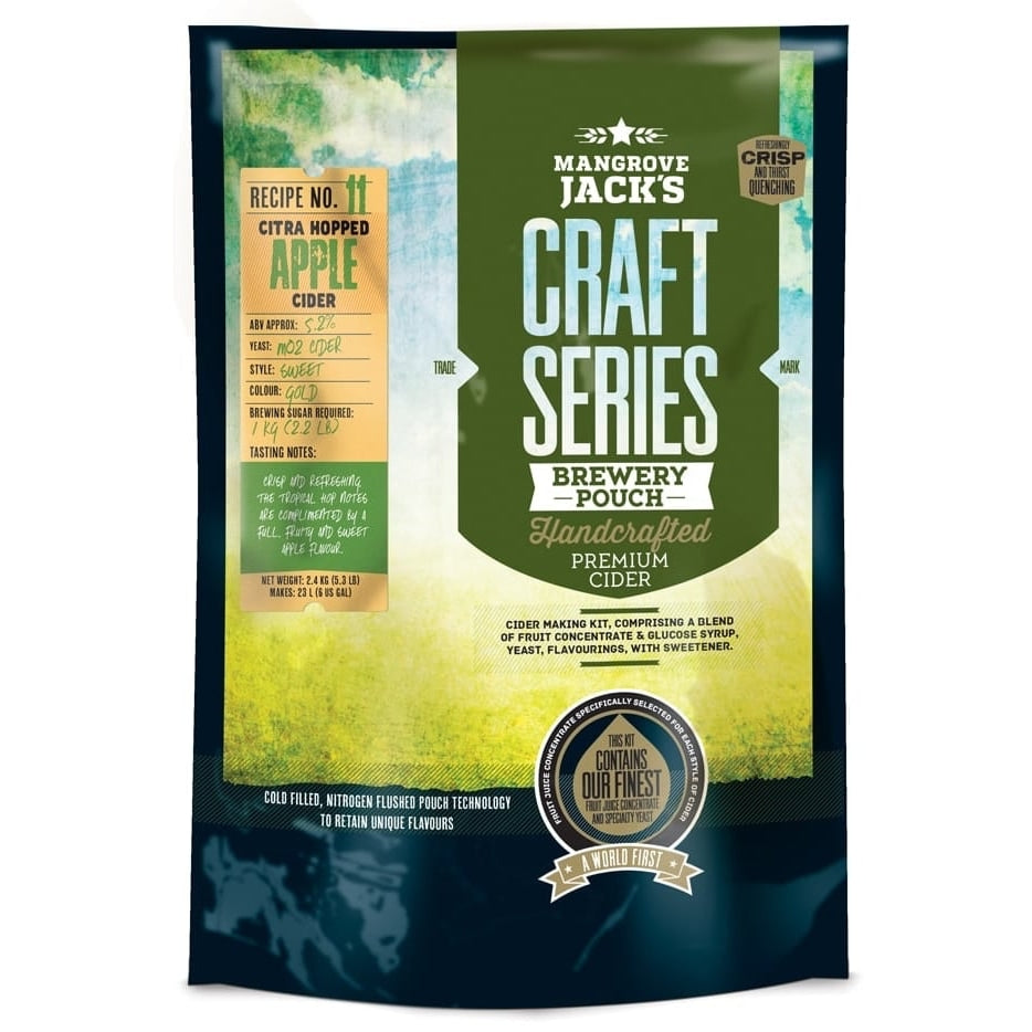 Mangrove Jacks Craft Series Dry Hopped Apple Cider ekstraktsett (2,4 kg) tilbyr et håndlaget ciderekstraktsett med førsteklasses smak og tydelige produktdetaljer på emballasjen.