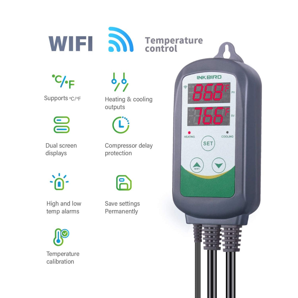 Project Brew Temp Control Pump Kit tilbyr presis kontroll av gjæringstemperaturen med to skjermer, WiFi, støtte for Celsius/Fahrenheit, varme-/kjølemodus, alarmer, kalibrering og kompressorbeskyttelse - perfekt for bruk med en glykolkjøler.