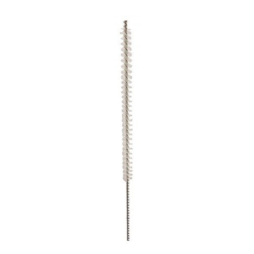 MoreBeer Vaskebørste 6,3 mm for stigerør er en smal, sylindrisk rengjøringsbørste på 91 cm med hvit bust og et vridd metallskaft, perfekt for skylling av stigerør og vist mot en vanlig hvit bakgrunn.
