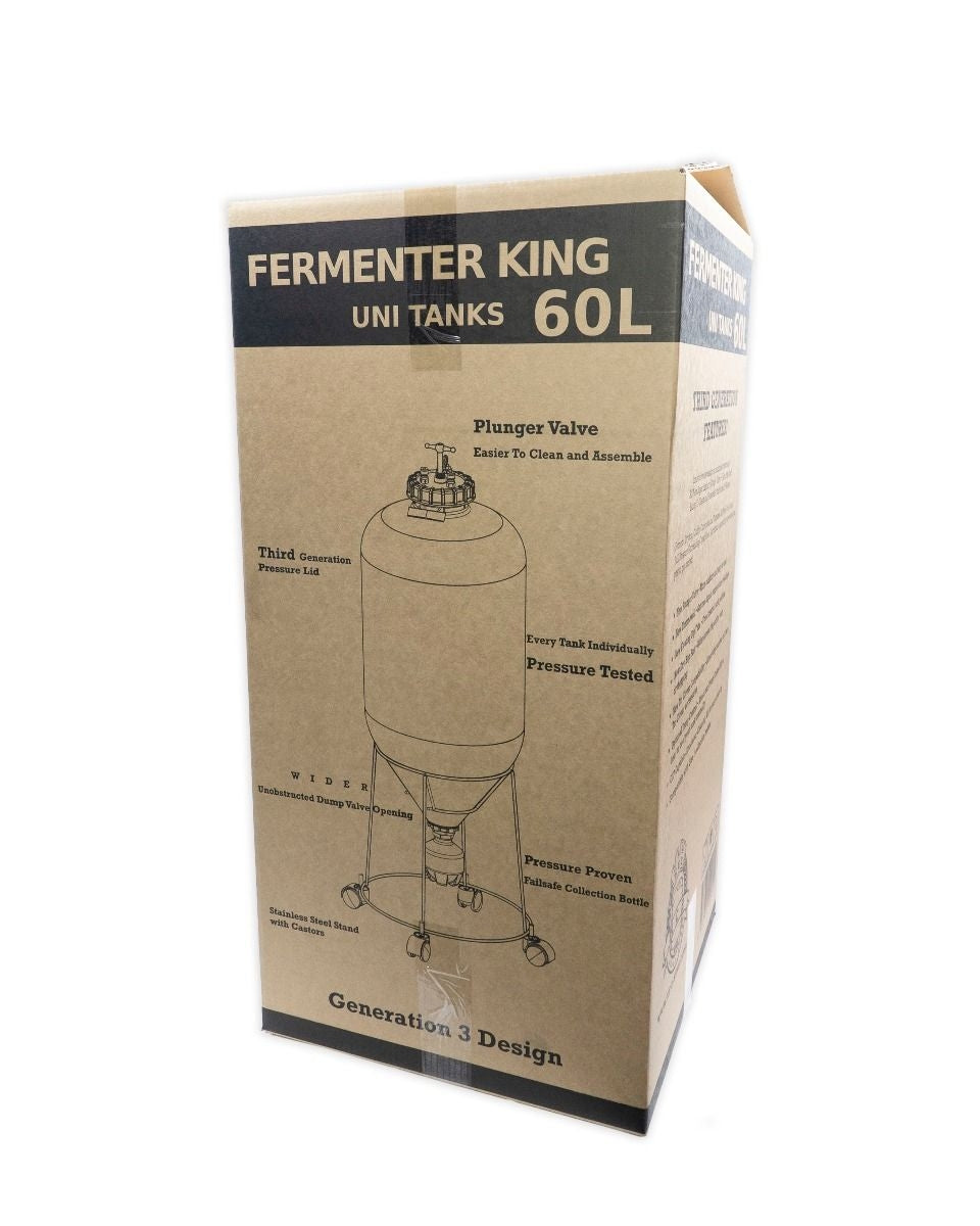 En pappeske merket Apollo 60L Unitank - Keg King viser en strektegning av en PET-gjæringstank og fremhever funksjoner som stempelventil og trykkklassifisering.