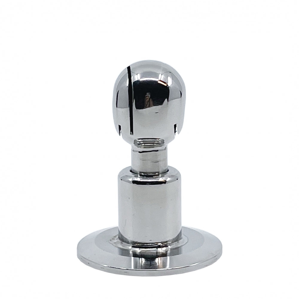 Brewshop 1,5" Tri-Clamp CIP vaskeball roterende har en kule med en diameter på 25 mm laget av rustfritt stål 304, med en metallisk sylindrisk design og flat base, vist mot en vanlig hvit bakgrunn.