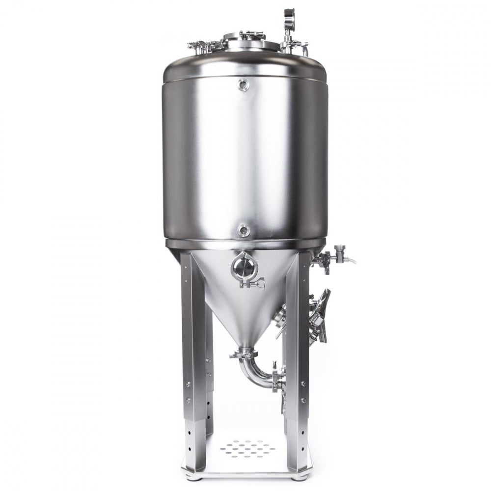 Brewtools F150 Unitank er en konisk fermentertank i rustfritt stål med sylindrisk topp, konisk bunn og metallramme, ideell for brygging og fermentering.