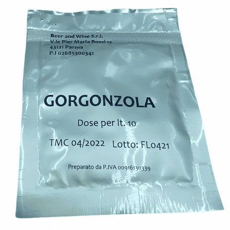 En sølvfarget pakke merket Kultur for Gorgonzola ost (Erborinati) for 10 liter melk fra Enolandia, med produkt- og firmainformasjon - inkludert dose, utløpsdato og partinummer - trykt i svart tekst.