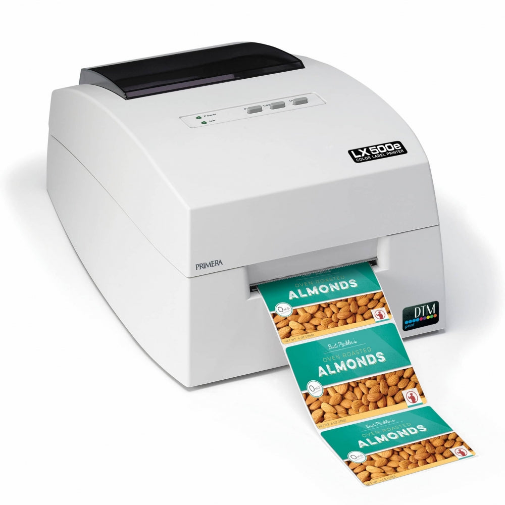 Primera LX500ec Etikettprinter med kutter fra Primera skriver ut flere fargerike etiketter for mandelemballasje.