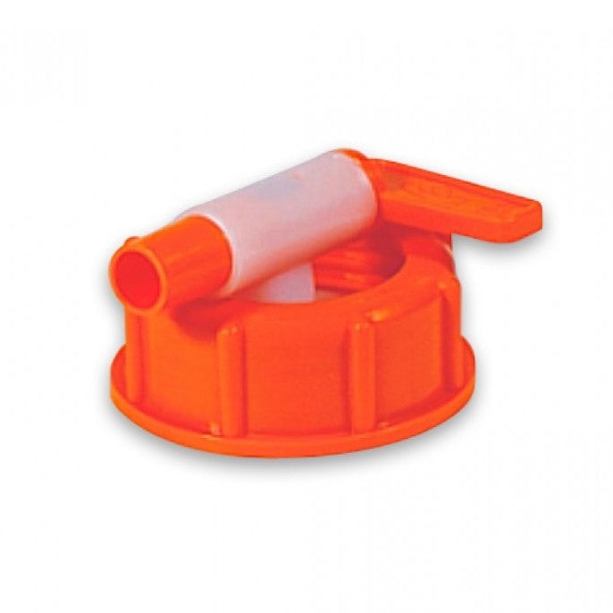 Speidel Tappekran 10 mm er en oransje plastkran med hvit tut og spakhåndtak, designet for enkel væskedispensering fra en Speidel gjæringskar eller lignende beholder.