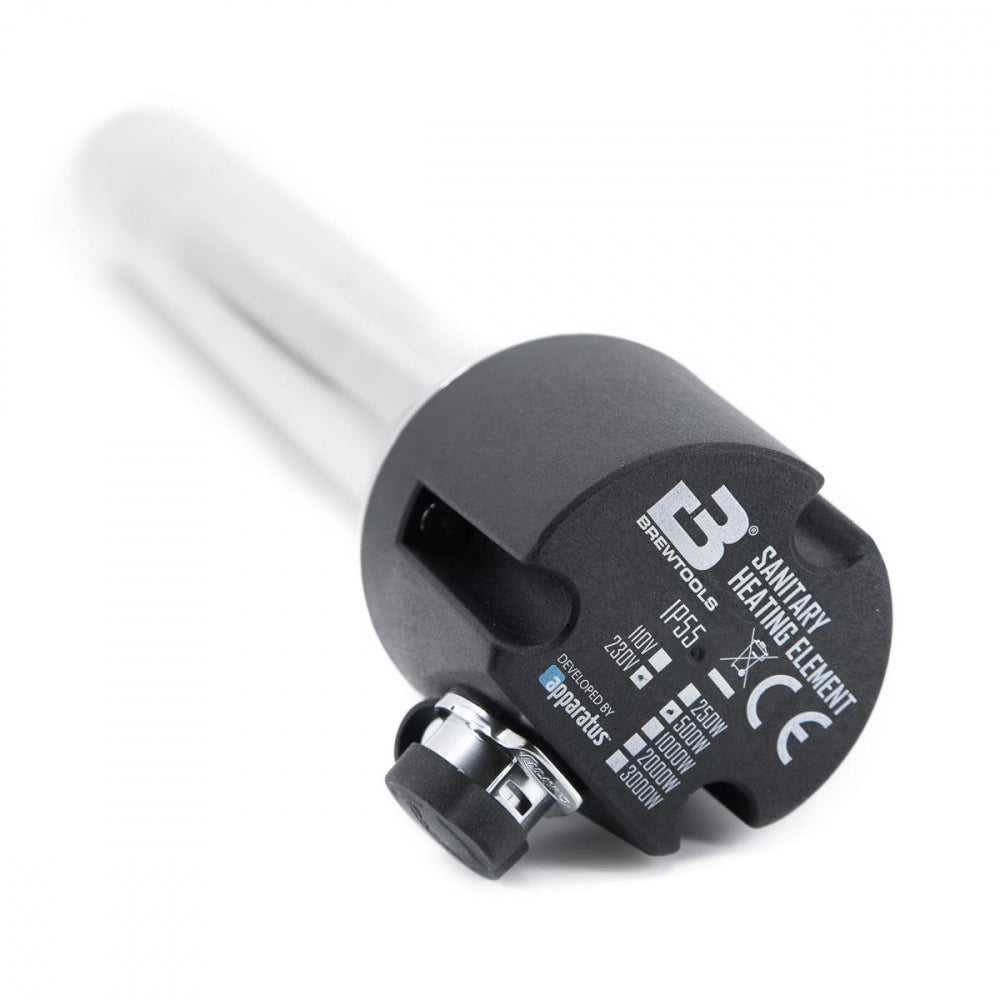 Et sylindrisk Brewtools Varmeelement til Unitank - 500W, med kabel, med svart hette som viser spesifikasjoner og sertifiseringer - perfekt for RIMS-applikasjoner, kompatibel som et Tri-Clamp varmeelement.